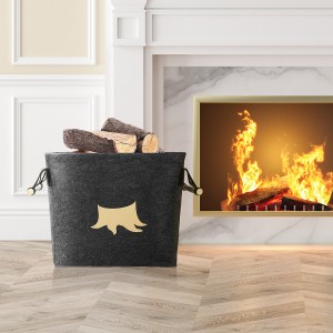 OEM design square firewood Woven Felt Storage basket with PU and wood handles