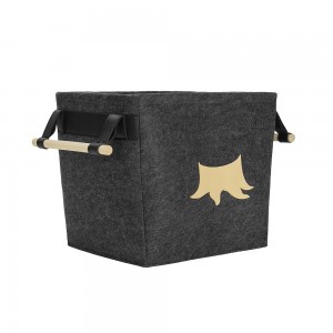 OEM design square firewood Woven Felt Storage basket with PU and wood handles